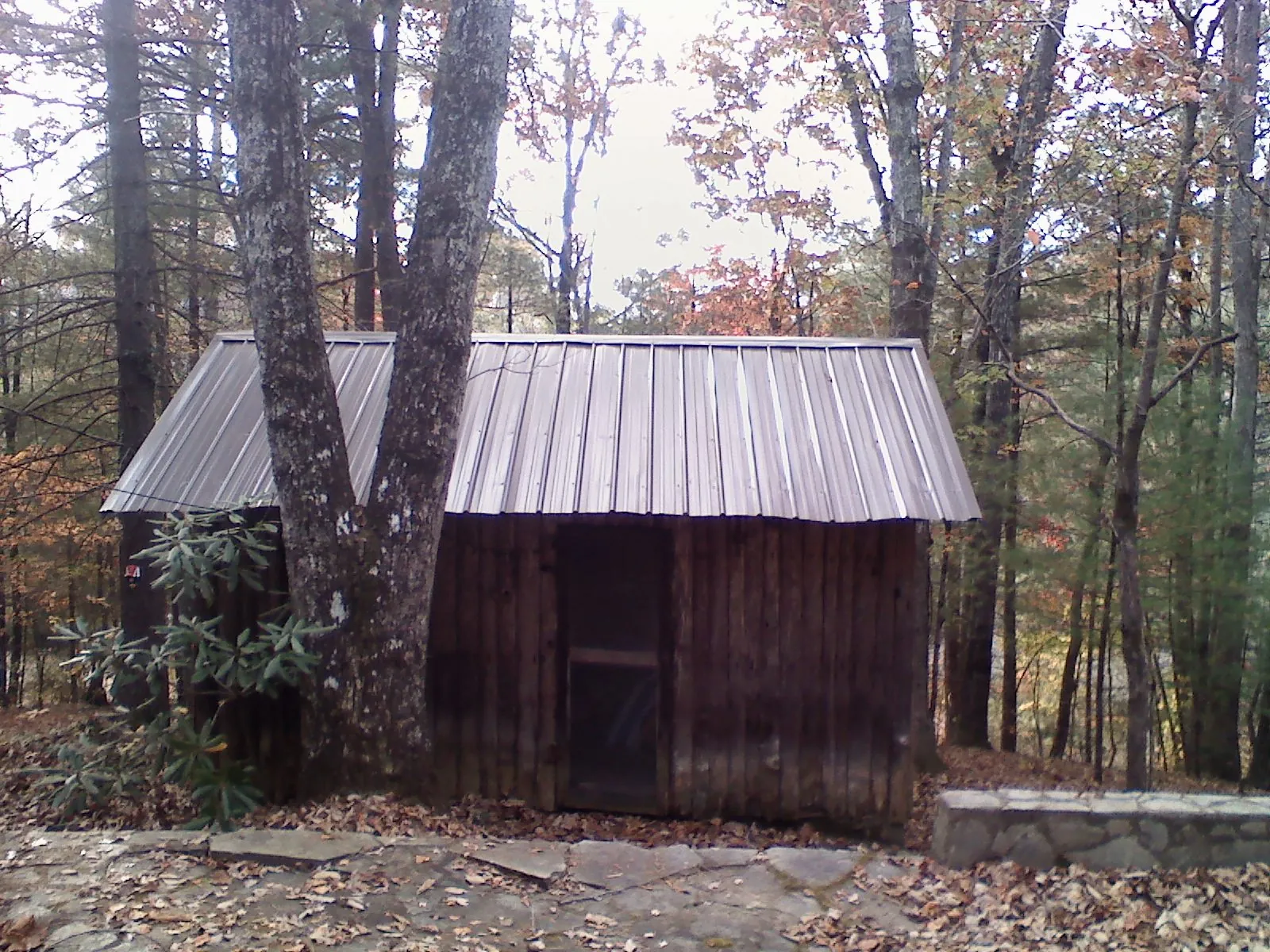 New metal gable roof on a small log shed among the trees in South Salem